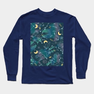 Astrology Zodiac Signs Night Sky Seamless Pattern Long Sleeve T-Shirt